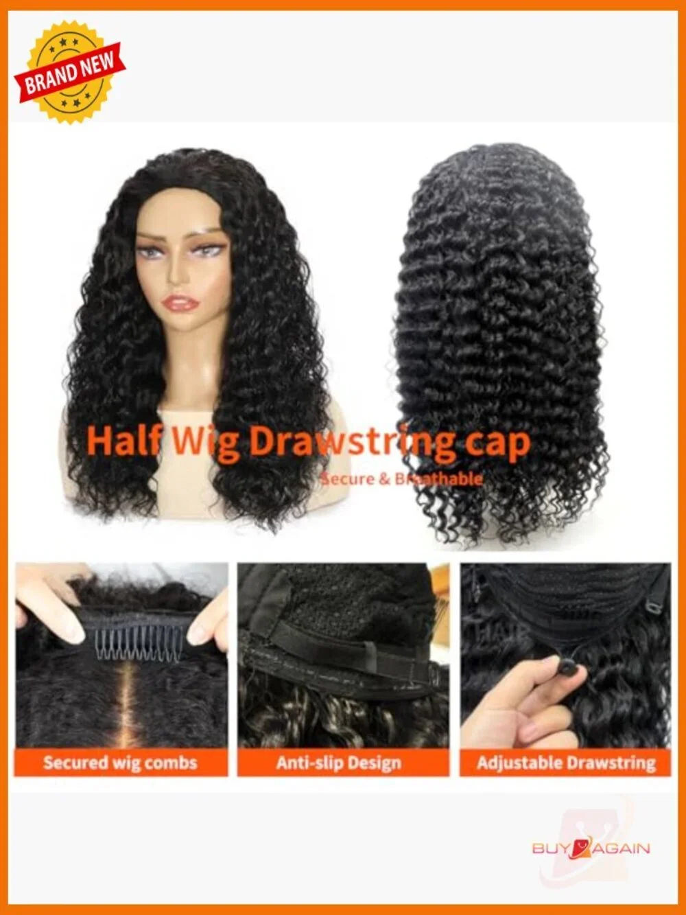 Deep Wave Half Wig Human Hair 20 Inch 180 Density Drawstring Glueless Wear Go